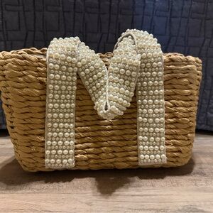 TJ Maxx Elegant Pearl-Embellished Tan Woven Bag